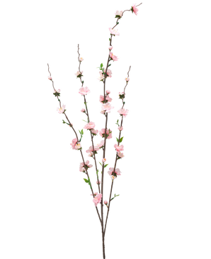 La fleur artificielle Blossom 93 cm rose a trois fines branches brunes avec de petites fleurs rose pâle et des feuilles vertes, réparties sur les tiges pour un aspect délicat et aérien sur un fond blanc.