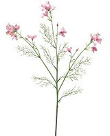 La Fleur Artificielle Wild Delphinium 71 cm rose clair possède une seule tige verte avec des feuilles plumeuses et plusieurs bouquets de délicates fleurs rose clair sur un fond blanc uni.