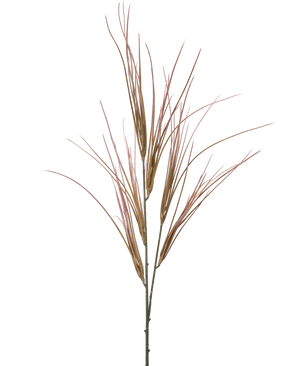 La branche artificielle de 104 cm mauve a une tige unique et haute avec de multiples feuilles longues, fines, mauves et vertes ressemblant à de l'herbe, déployées, isolées sur un fond blanc uni.