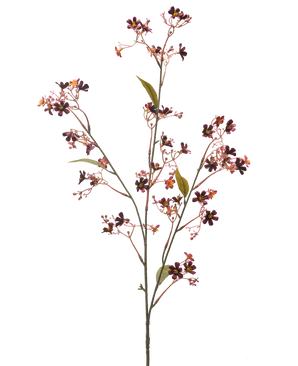 La Fleur Artificielle Daphné 108 cm bordeaux possède une tige unique avec plusieurs branches fines, de petites fleurs violet foncé et roses au cœur jaune et quelques feuilles vertes sur un fond uni blanc.