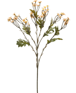 La Fleur Artificielle Mini Daisy 61 cm crème est une tige de fleur artificielle unique avec de multiples branches, des feuilles vertes et de petites fleurs de couleur crème ressemblant à des marguerites sur un fond blanc uni.