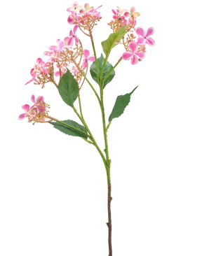 La Fleur Artificielle Hortensia Sauvage 62 cm rose possède une seule tige avec plusieurs bouquets de petites fleurs roses et blanches et des feuilles vertes, isolées sur un fond blanc.