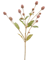 La Fleur Artificielle Globosa 69 cm mauve est une tige artificielle unique comportant de multiples branches, des feuilles vertes allongées et des bouquets de petits boutons floraux mauves, sur un fond blanc.