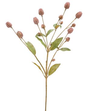 La Fleur Artificielle Globosa 69 cm mauve est une tige artificielle unique comportant de multiples branches, des feuilles vertes allongées et des bouquets de petits boutons floraux mauves, sur un fond blanc.