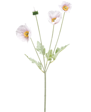 La Fleur Artificielle Coquelicot Real Touch violet 60 cm a une tige unique avec trois fleurs de coquelicot violet clair, un bourgeon fermé, des cœurs jaunes, des pétales délicats et des feuilles vert clair sur fond blanc.
