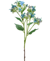 La fleur artificielle Hortensia sauvage 62 cm bleu/vert a une seule tige artificielle avec des bouquets de fleurs bleues et vertes et quelques feuilles vertes, représentées sur un fond blanc.