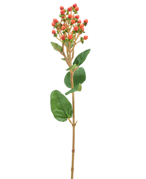 Une seule fleur artificielle Hypericum de 65 cm avec des grappes de petites baies orange/rouge et des feuilles vertes sur un fond clair.