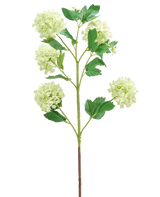 La Fleur Artificielle Boule de Neige 77 cm verte possède une seule tige verte avec de multiples branches, chacune décorée de bouquets de fleurs rondes vert clair et de plusieurs feuilles vertes, le tout isolé sur un fond blanc.