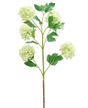 La Fleur Artificielle Boule de Neige 77 cm verte possède une seule tige verte avec de multiples branches, chacune décorée de bouquets de fleurs rondes vert clair et de plusieurs feuilles vertes, le tout isolé sur un fond blanc.