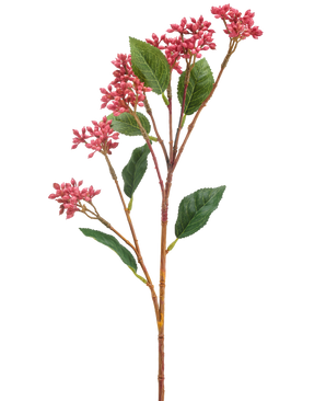 La Fleur Artificielle Baie du Japon 62 cm rose foncé possède une seule tige artificielle avec des bouquets de petites fleurs rose foncé et quelques feuilles vertes, sur un fond blanc.