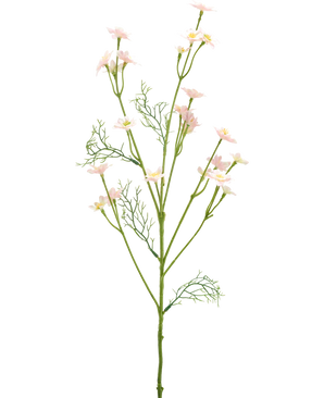 La Fleur Artificielle Wild Flower 68 cm rose clair possède une seule tige verte avec des feuilles plumeuses et de multiples branches ornées de petites fleurs rose clair, sur un fond blanc uni.