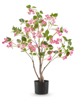 Le Bougainvillier Artificiel 90 cm est une plante artificielle en pot avec de multiples branches, des feuilles vertes et de nombreuses fleurs roses dans un simple pot noir, représentée sur un fond blanc uni.