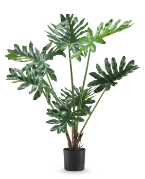 La plante artificielle Philodendron 90 cm possède de grandes feuilles fendues vert foncé brillant et plusieurs tiges dressées dans un pot haut, sur un fond blanc uni.