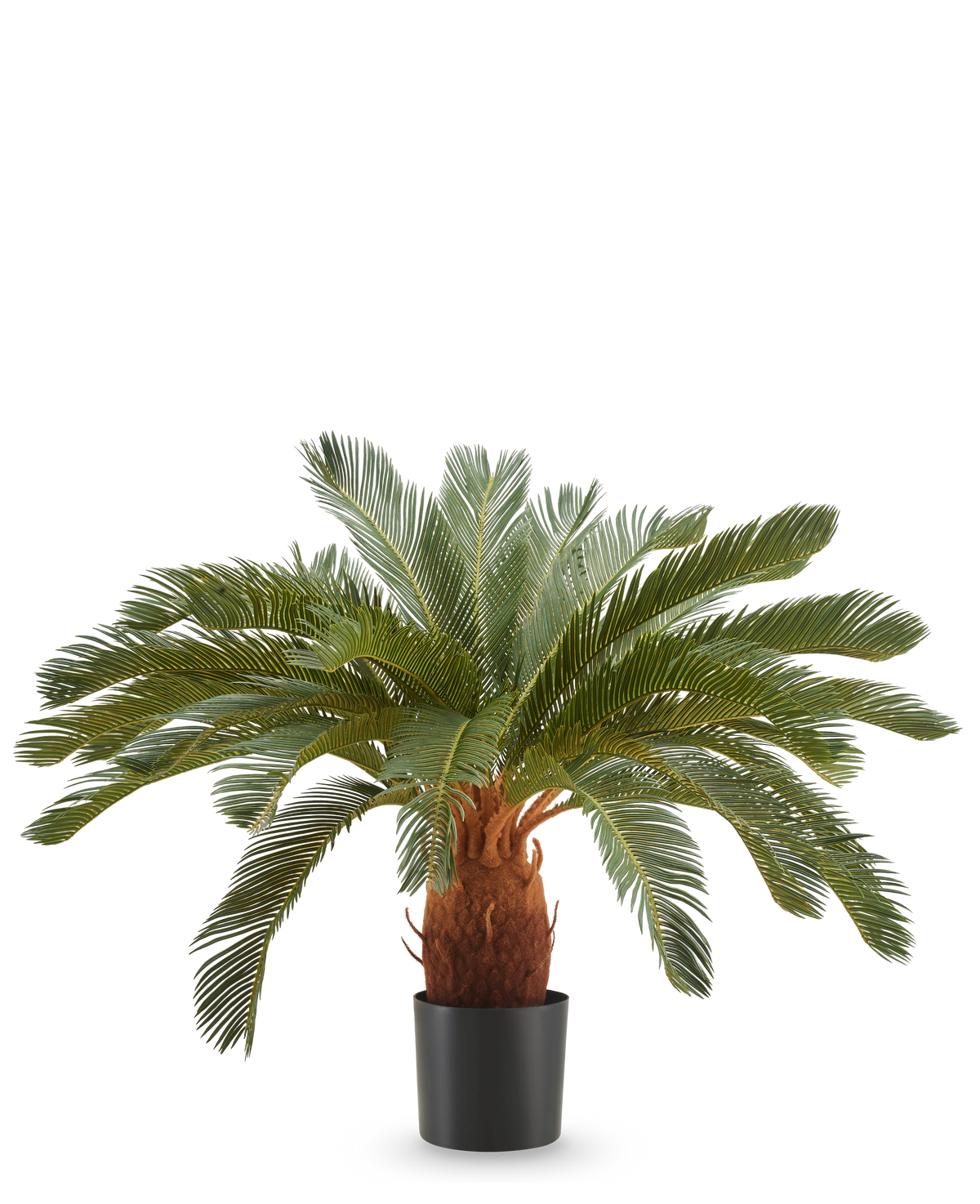 La Plante Artificielle Cycas UV 90 cm possède de longues feuilles vertes courbées et une tige brune épaisse dans un pot noir, sur un fond blanc uni.