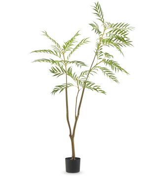 La plante artificielle Mahonia 150 cm est un grand arbre artificiel en pot avec des troncs bruns minces et des feuilles vertes longues et étroites, représenté sur un fond blanc uni.