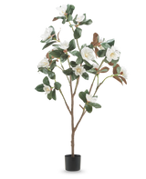La plante artificielle avec fleur Yulania de 150 cm est un grand magnolia artificiel avec de multiples branches, des feuilles vertes luxuriantes et des fleurs blanches dans un petit pot noir, sur un fond blanc uni.
