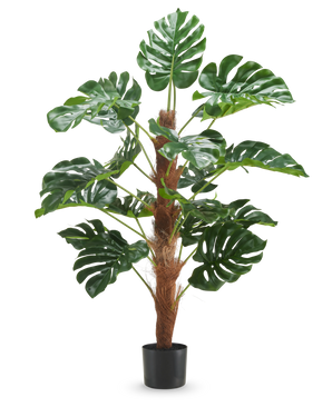 La Plante Artificielle Monstera 120 cm est une plante artificielle en pot avec de grandes feuilles vertes brillantes et une tige marron texturée sur un fond blanc uni.
