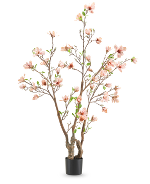 La Plante Artificielle Magnolia 180 cm est un arbre artificiel en pot avec de multiples branches, des fleurs rose clair et des feuilles vertes sur un fond uni blanc.
