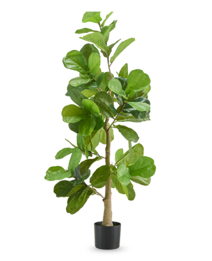De Kunstplant Tabaksplant 150 cm is een hoge kunstplant met brede, glanzend groene bladeren en een slanke stam, weergegeven in een eenvoudige zwarte pot tegen een effen witte achtergrond.