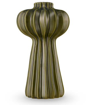 Le vase Morning Dawdrop 25 cm vert est un vase grand et moderne avec une finition vert olive brillante, des crêtes verticales et une forme organique et sculpturale qui se rétrécit d'un sommet sphérique à une base cannelée élégante.