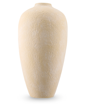 Le vase Calm Bloom 42 cm beige est un grand vase ovale en céramique avec une surface structurée et une ouverture étroite, sur un fond blanc uni.