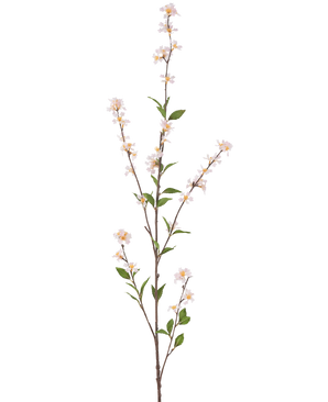 La Fleur Artificielle Flowers 119 cm blush est une branche artificielle haute et élancée avec de délicates fleurs blanches et des feuilles vertes sur toute la longueur, sur un fond blanc uni.