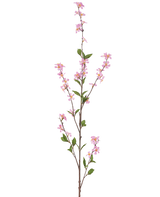 La Fleur Artificielle Flowers 119 cm rose a une haute branche unique avec de petites fleurs roses et des feuilles vertes sur de fines tiges brunes, sur un fond blanc uni.