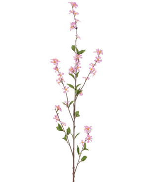 La Fleur Artificielle Flowers 119 cm rose a une haute branche unique avec de petites fleurs roses et des feuilles vertes sur de fines tiges brunes, sur un fond blanc uni.