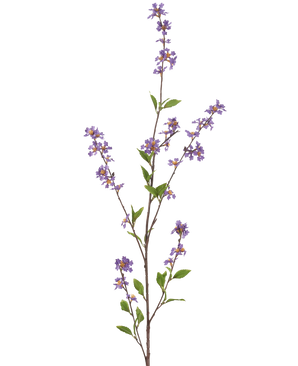 La fleur artificielle Flowers 119 cm violette a une branche haute et élancée avec des bouquets de petites fleurs violettes et des feuilles vertes, parfaites pour égayer n'importe quelle pièce.