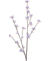 La fleur artificielle Wildflowers 112 cm lilas a trois fines tiges brunes avec de délicates fleurs violettes et des feuilles vertes étroites, sur un fond blanc uni.