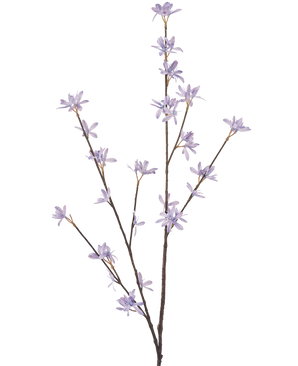 La fleur artificielle Wildflowers 112 cm lilas a trois fines tiges brunes avec de délicates fleurs violettes et des feuilles vertes étroites, sur un fond blanc uni.