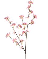 La Fleur Artificielle Flowers 112 cm rose possède une seule branche marron aux multiples ramifications, ornée de bouquets de petites fleurs roses au cœur jaune, sur un fond uni blanc.