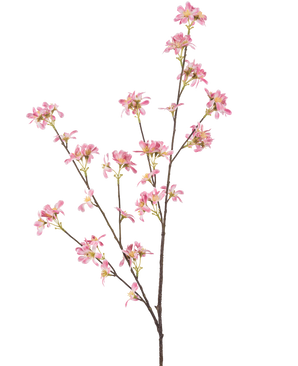 La Fleur Artificielle Flowers 112 cm rose possède une seule branche marron aux multiples ramifications, ornée de bouquets de petites fleurs roses au cœur jaune, sur un fond uni blanc.
