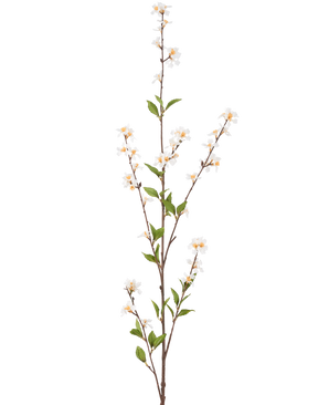 La fleur artificielle Flowers 119 cm crème a une seule branche haute avec des fleurs de couleur crème et des feuilles vertes le long des fines tiges brunes, sur un fond blanc uni.