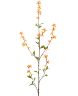 Une fleur artificielle haute et mince de 119 cm jaune avec plusieurs ramifications avec des bouquets de petites fleurs jaunes et des feuilles vertes, isolées sur un fond blanc.