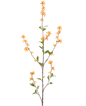 Une fleur artificielle haute et mince de 119 cm jaune avec plusieurs ramifications avec des bouquets de petites fleurs jaunes et des feuilles vertes, isolées sur un fond blanc.