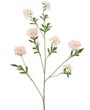La Fleur Artificielle Bleuet 112 cm rose clair a une tige longue et fine avec plusieurs branches, chacune avec des fleurs rose clair ressemblant à des pivoines et des feuilles vertes, sur un fond blanc uni.
