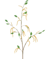 La fleur artificielle Amarante 147 cm jaune se compose d'une branche élancée avec des feuilles vertes et de plusieurs chatons jaunes pendants, représentés sur un fond blanc.