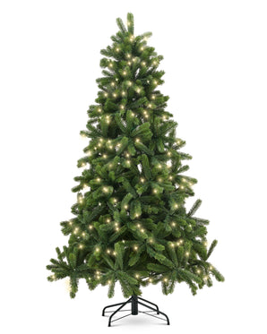 Sapin de Noël Weideman artificiel vert complet en PE/PVC - Smart LED, décoré de lumières LED blanc chaud sur une base en métal noir.