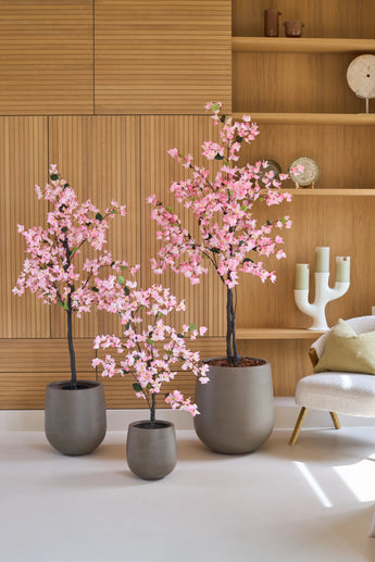 Drie potplanten van het type Kunstplant Bougainvillea van 120 cm, roze van kleur en met roze bloemen, staan op een witte vloer in een moderne kamer met houten lambrisering, planken en een witte stoel.