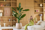 Une femme en tenue verte est assise sur un canapé beige avec un verre à la main, avec la plante artificielle Strelitzia Nicolai Deluxe 210 cm à côté d'elle et des étagères en bois avec des objets décoratifs en arrière-plan.