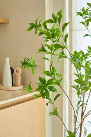 Une plante artificielle Pieris Japonica de 150 cm se dresse près d'une fenêtre à côté d'une armoire en bois clair contenant des bouteilles en céramique et un moulin à poivre, ajoutant une touche minimaliste à la pièce lumineuse et aérée.