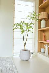 Une plante artificielle Mahonia de 150 cm avec de fines feuilles vertes se dresse sur un sol clair près d'une fenêtre avec des stores transparents, à côté d'une étagère en bois avec des objets décoratifs et un tapis moelleux.