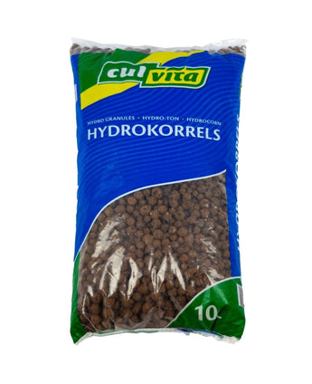 Un sac de 10 litres de granulés Hydro avec un emballage bleu et vert possède une fenêtre transparente sur le devant qui montre les granules d'argile brune à l'intérieur.