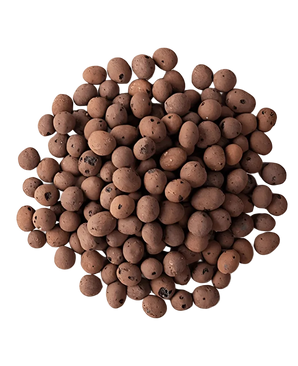 Un tas lâche de sac Hydro Granules de 10 litres, des granules ronds d'argile brune utilisés comme milieu de culture dans le jardinage hydroponique et aquaponique, présentés sur un fond blanc.