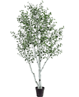 De Kunst Berkenboom 300 cm is een kunstberk in pot met een witte stam en takken, versierd met kleine groene blaadjes, tegen een effen witte achtergrond.