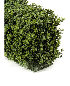 Gros plan de la haie de buis artificiel UV 100x20x25 cm, une haie de buis artificiel rectangulaire aux petites feuilles vertes denses, représentée sur un fond blanc uni.