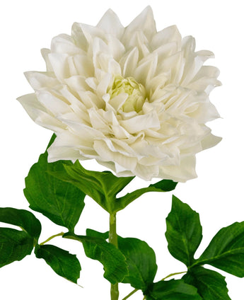 Le Kunst Georgine Real Touch blanc 70 cm présente un grand dahlia blanc en pleine floraison avec des pétales superposés sur une tige et des feuilles vertes, sur un fond blanc uni.