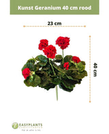 Géranium artificiel de 40 cm rouge avec des feuilles vertes, de 40 cm de haut et 23 cm de large, représenté sur fond blanc avec des marques de taille et le logo EASYPLANTS ARTIFICIAL PLANTS en bas.