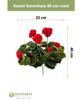 Géranium artificiel de 40 cm rouge avec des feuilles vertes, de 40 cm de haut et 23 cm de large, représenté sur fond blanc avec des marques de taille et le logo EASYPLANTS ARTIFICIAL PLANTS en bas.